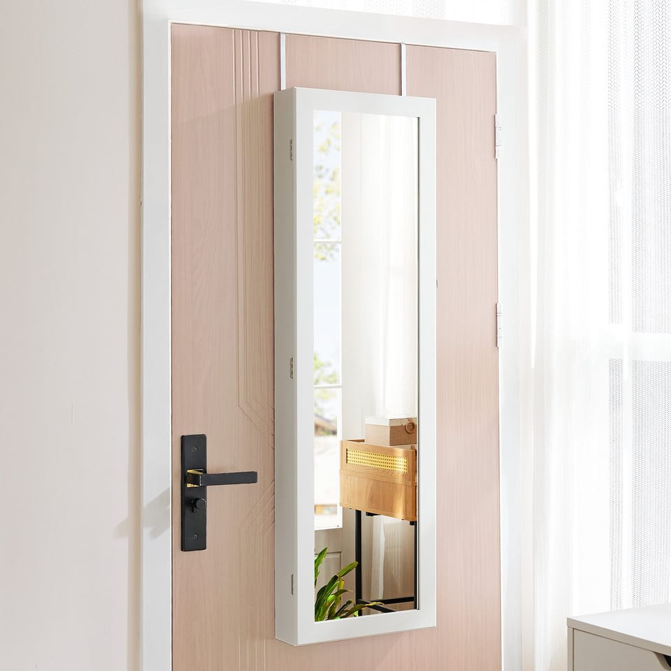 Wall-door Mounted Jewelry Wardrobe Large Capacity Mirror And LED Light Lockable, product photo