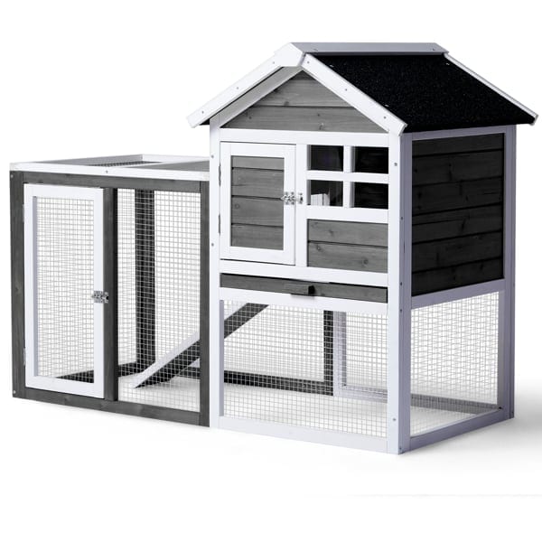 House Type With Ladder Gray Fir Wood Chicken Rabbit Cage, product photo