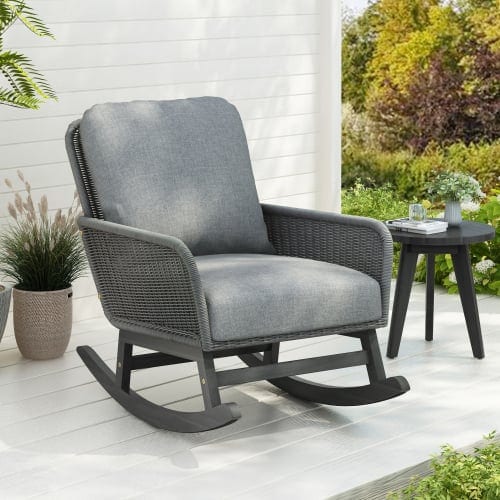 Contemporary Minimalist Ivory Wicker Rocking Chair With Soft Polyester Cushions, product photo