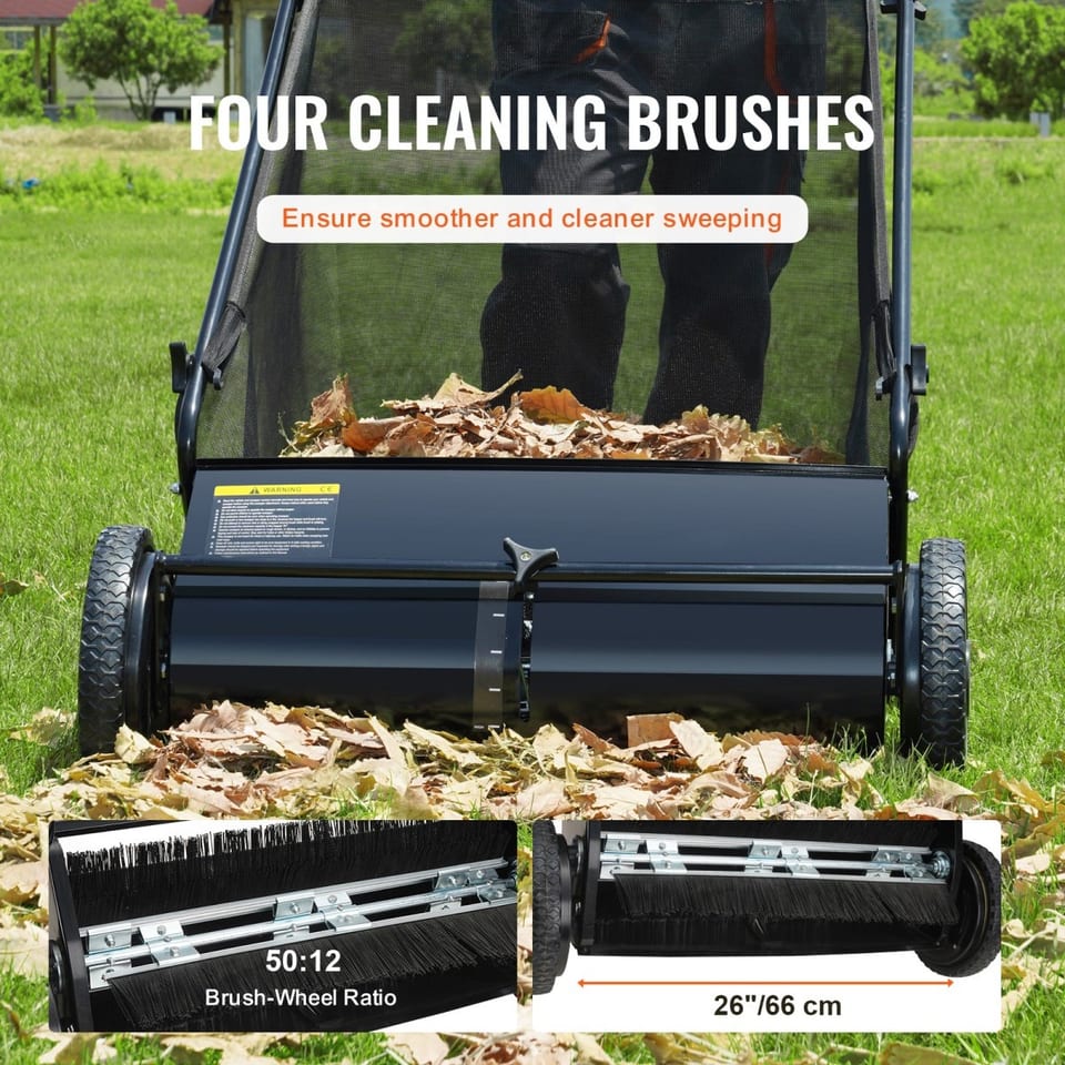VEVOR Push Lawn Sweeper, 26 Inch Leaf & Grass Collector, Strong Rubber Wheels &, product photo
