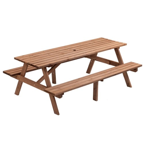 8 Person Brown Wooden Picnic Table, Outdoor Camping Dining Table With 2 Seats, product photo