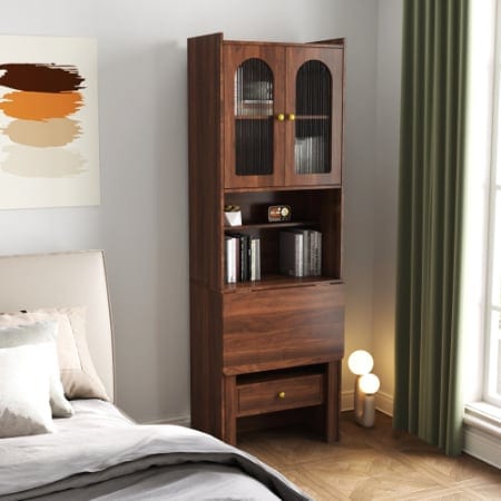 Fold-Out Convertible Writing Table, Desk Cabinet With Shelf And Drawer, product photo