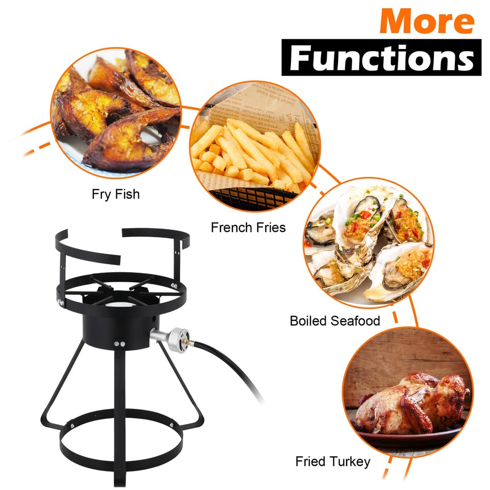 30QT Turkey Pot, 10QT Fish Pot, Four Piece Set, Black Circular Iron Frame, product photo