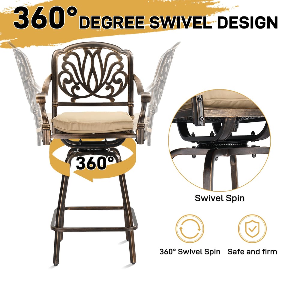 2pcs Bronze Color, Beige Cushion, Cast Aluminum Bar Stool, product photo