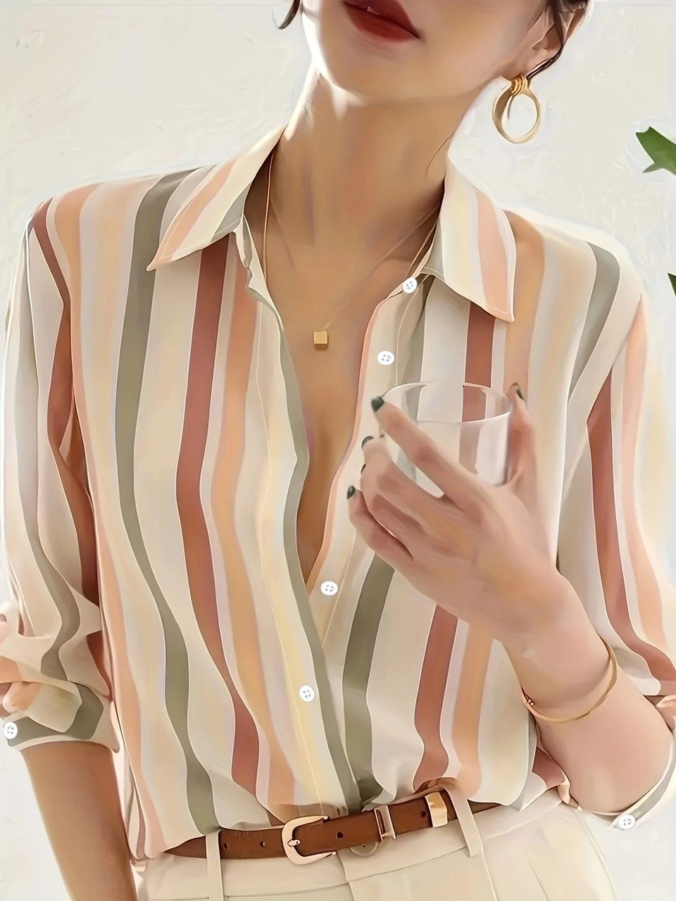 Ladies' Long-sleeved Striped Printed Versatile Casual Shirt, product photo