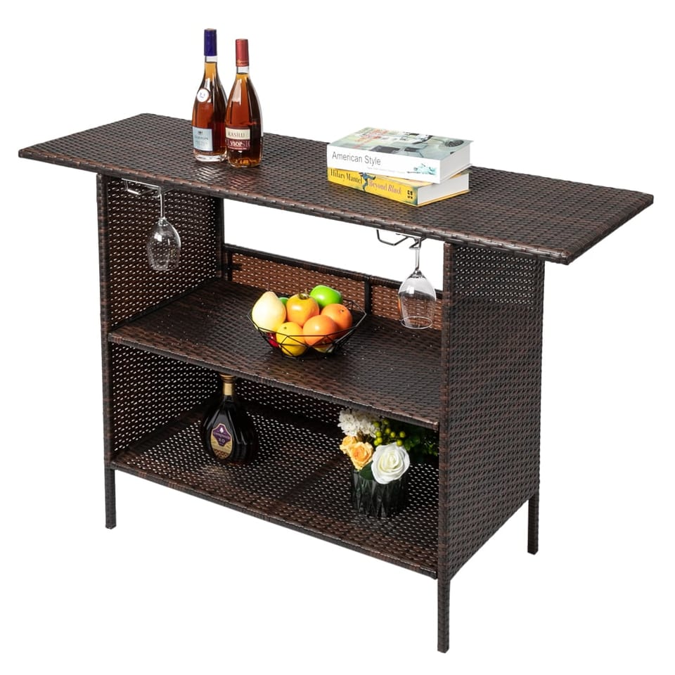 Including 2 Wine Glass Holders, Brown Gradient Woven Rattan Bar Table, product photo