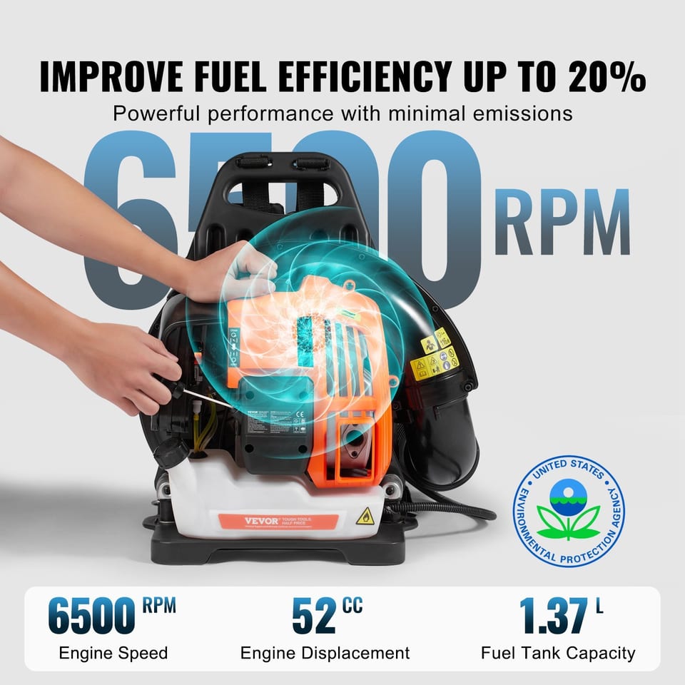 VEVOR Backpack Leaf Blower, 52CC 2-Cycle Leaf Blower With 1.37L Fuel Tank, product photo