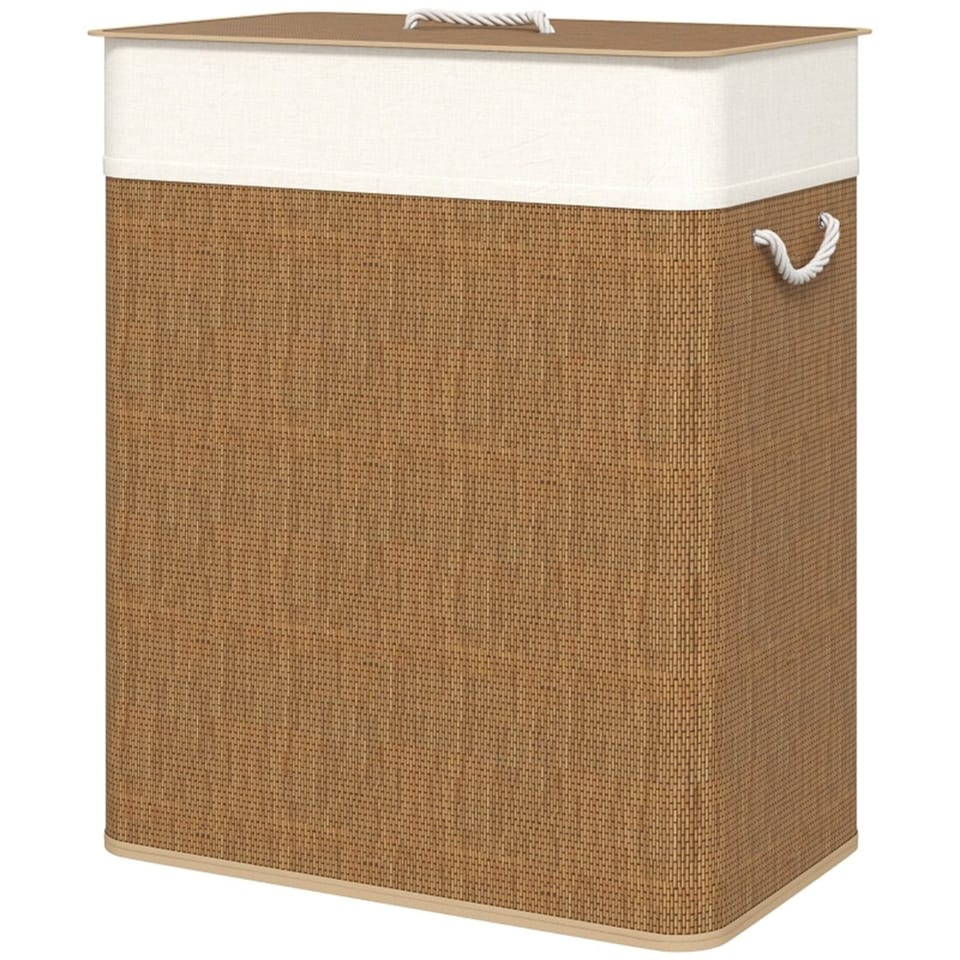 Double Laundry Basket With Lid, 26.4 Gallon Bamboo Laundry Hamper With Rope, product photo