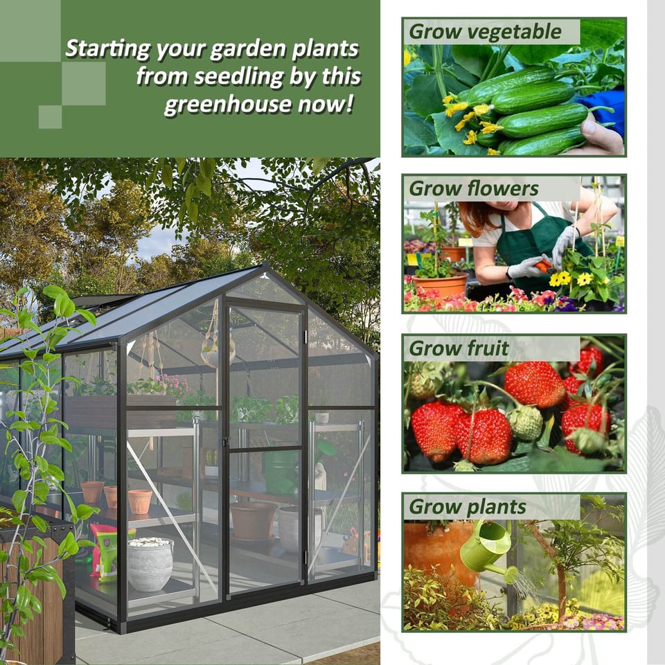 6x8 FT Greenhouse For Outdoors, Polycarbonate Greenhouse With Quick Setup, product photo