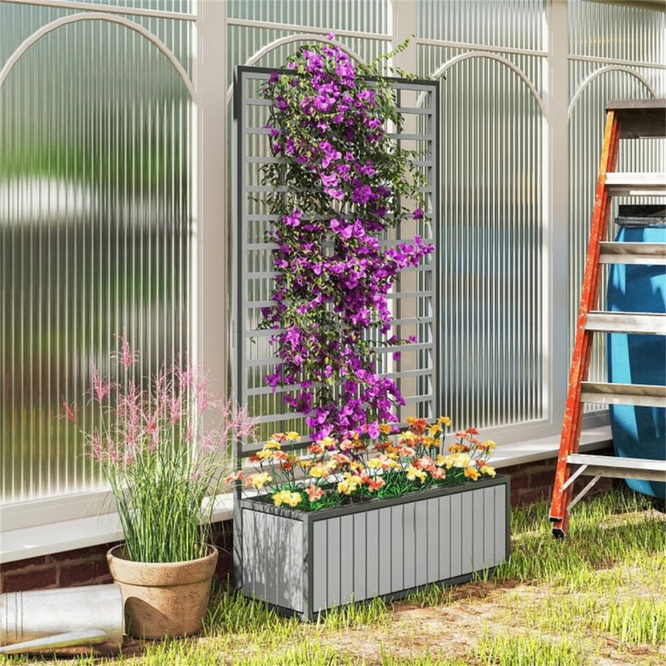Wooden Raised Garden Bed With Trellis, Removable Pots-Gray, product photo