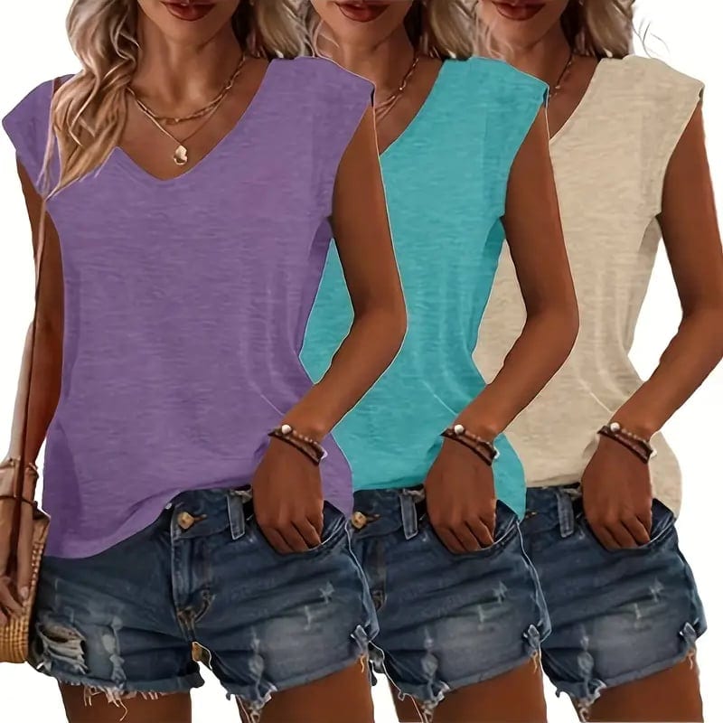3-Pack Women's Cap Sleeve V-Neck Tank Tops Casual Loose Fit Basic Tees, product photo
