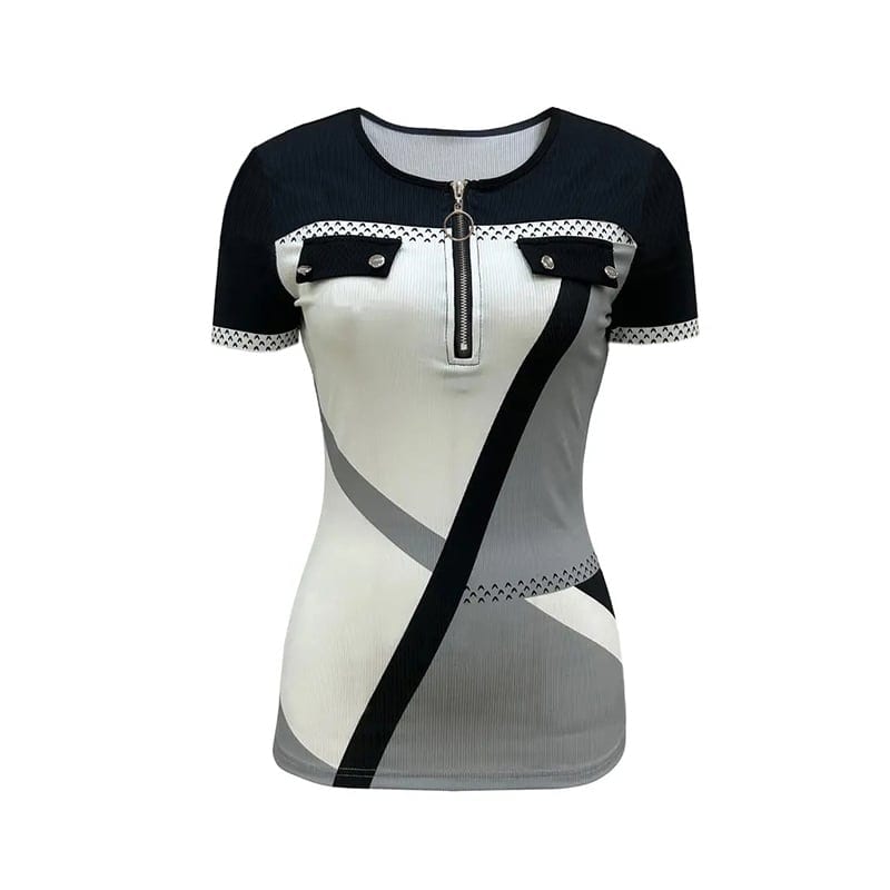 Women's Color Block Zipper T-Shirt, Casual Short Sleeve Summer Top, product photo
