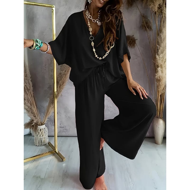 Women's 2 Piece Outfit, Casual Solid Color V-Neck Half Sleeve Top And Wide Leg, product photo