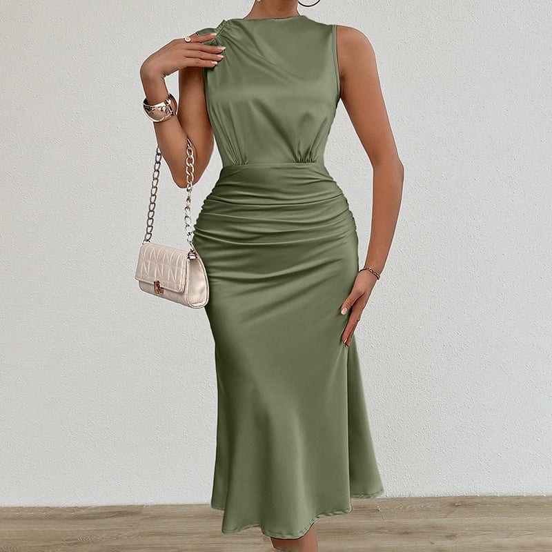 Women's Summer Sleeveless Tank Dress Crew Neck Slim Fit Ruched Bodycon Dress, product photo