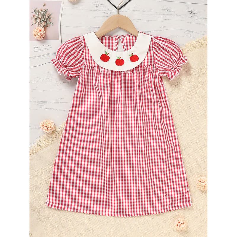 Toddler Kids Girls Back To School Dress Smocked Collar Puff Sleeve Plaid, product photo
