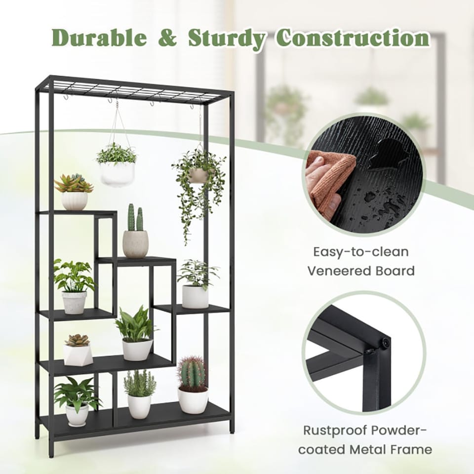6-Tier Tall Plant Stand 71 Inch Metal Indoor Plant Shelf With 10 Hanging Hooks, product photo
