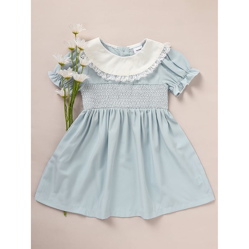 Toddler Girls' Smocked Dress Cute Puff Short Sleeves Lace Crew Neck, Adorable, product photo