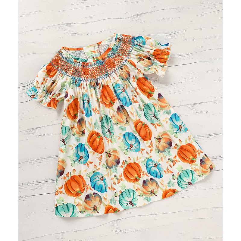 Toddler Baby Girl Pumpkin Smocked Dress Fall Thanksgiving Halloween Embroidered, product photo