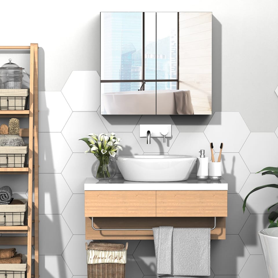 Kleankin Mirrored Medicine Cabinet 24x22 Steel Frame Wall-Mounted Double Doors, product photo
