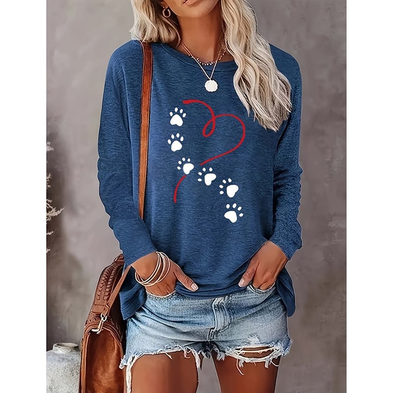Women's Heart & Dog Paw Print T-shirt, Cute Crew Neck Long Sleeve Top For, product photo