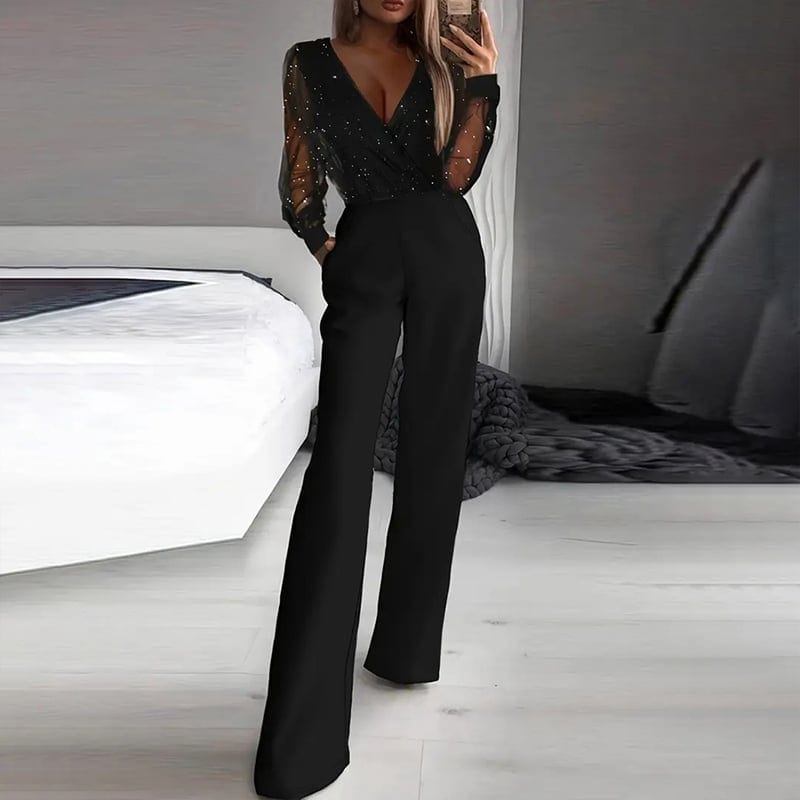 Women's Sexy Solid Color Deep V-Neck Tulle & Sequin Straight Leg Jumpsuit With, product photo