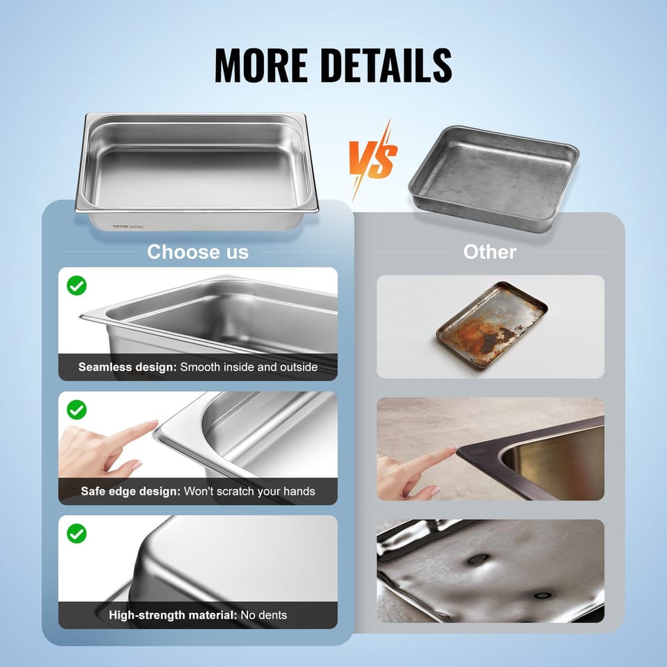 6 Pack Hotel Pans, Full Size Anti-Jam Steam Pan, 0.8mm Thick Stainless Steel, product photo