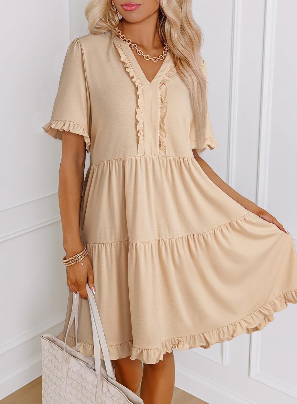 Womens Dresses Summer Spring V Neck Short Sleeve Casual A Line Flowy Swing, product photo