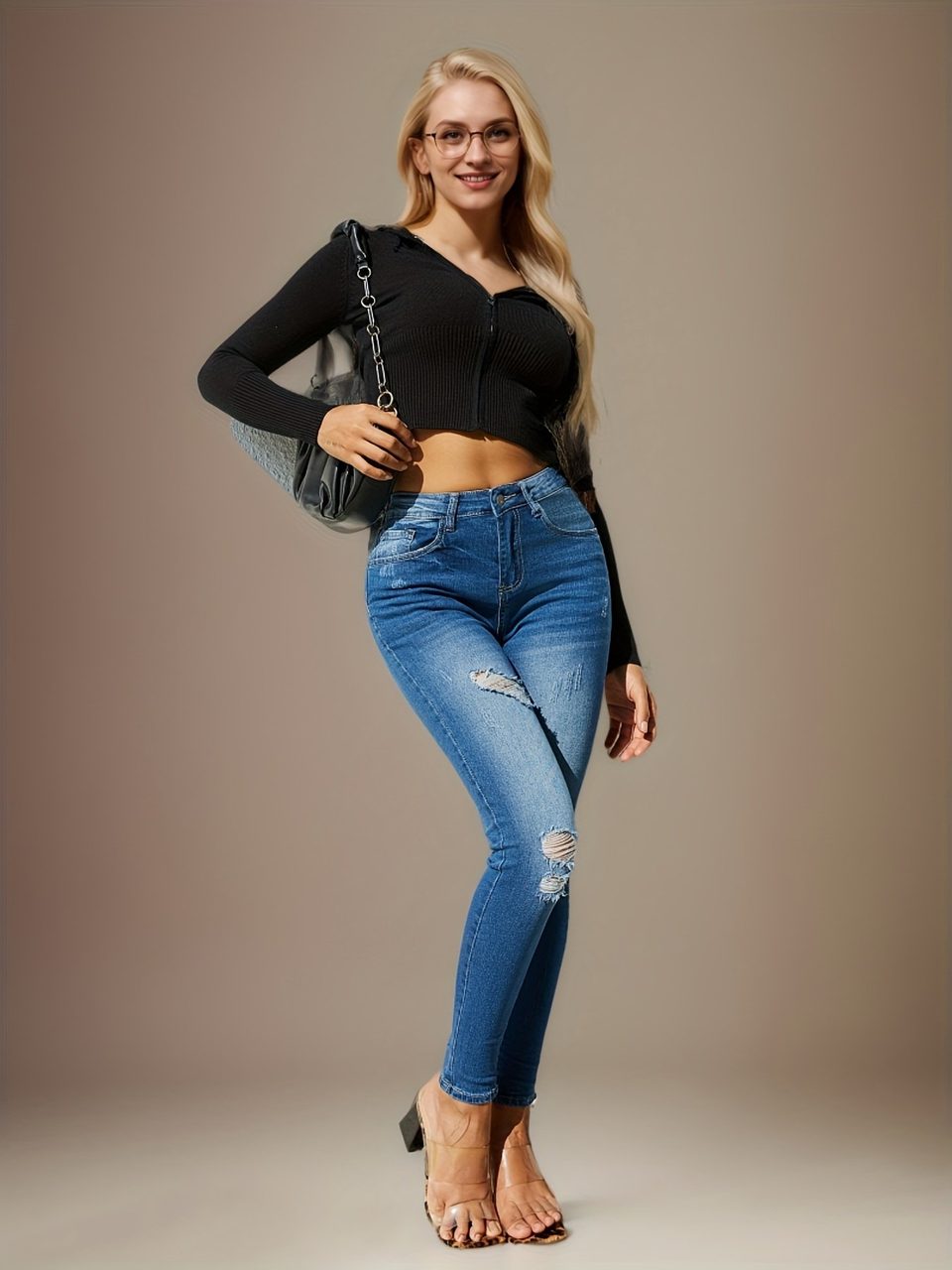 New Fashion Stylish Women’s Skinny Fit Jeans - High-Waist, Frayed Hem, product photo