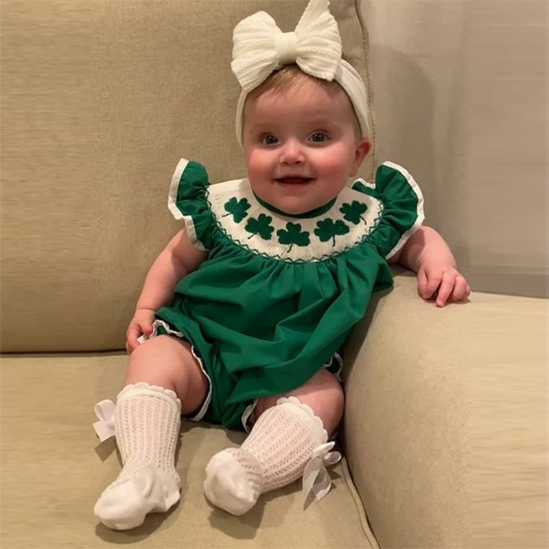 Baby Short Sleeve Romper With Clover Embroidery, Ruffle Trim Playsuit For, product photo