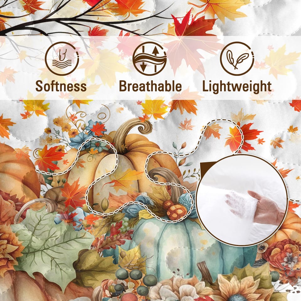 Autumn Theme 3 Pcs Quilt Set - Pumpkin Print Bedspread Coverlet, product photo