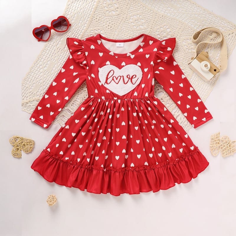 Toddler Girl's Cute 'LOVE' Embroidered Dress, Heart Print Long Sleeve A-Line, product photo