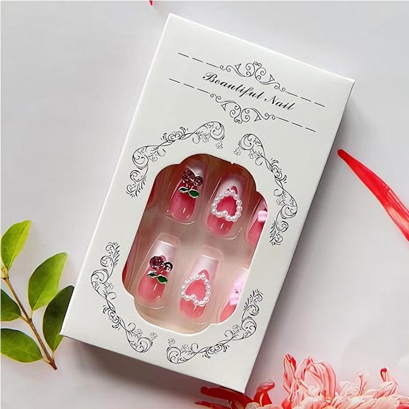 24 PCS Cherry Bow Nail Art, Long Length Long Water Pipe Fake Nails,Square Head, product photo