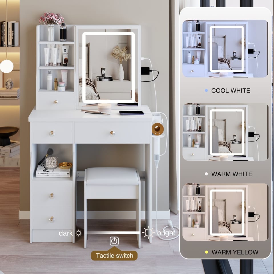 29.2 Small Size Drawer Desktop Vanity Table Cushioned Stool, 2 AC-2 USB Power, product photo