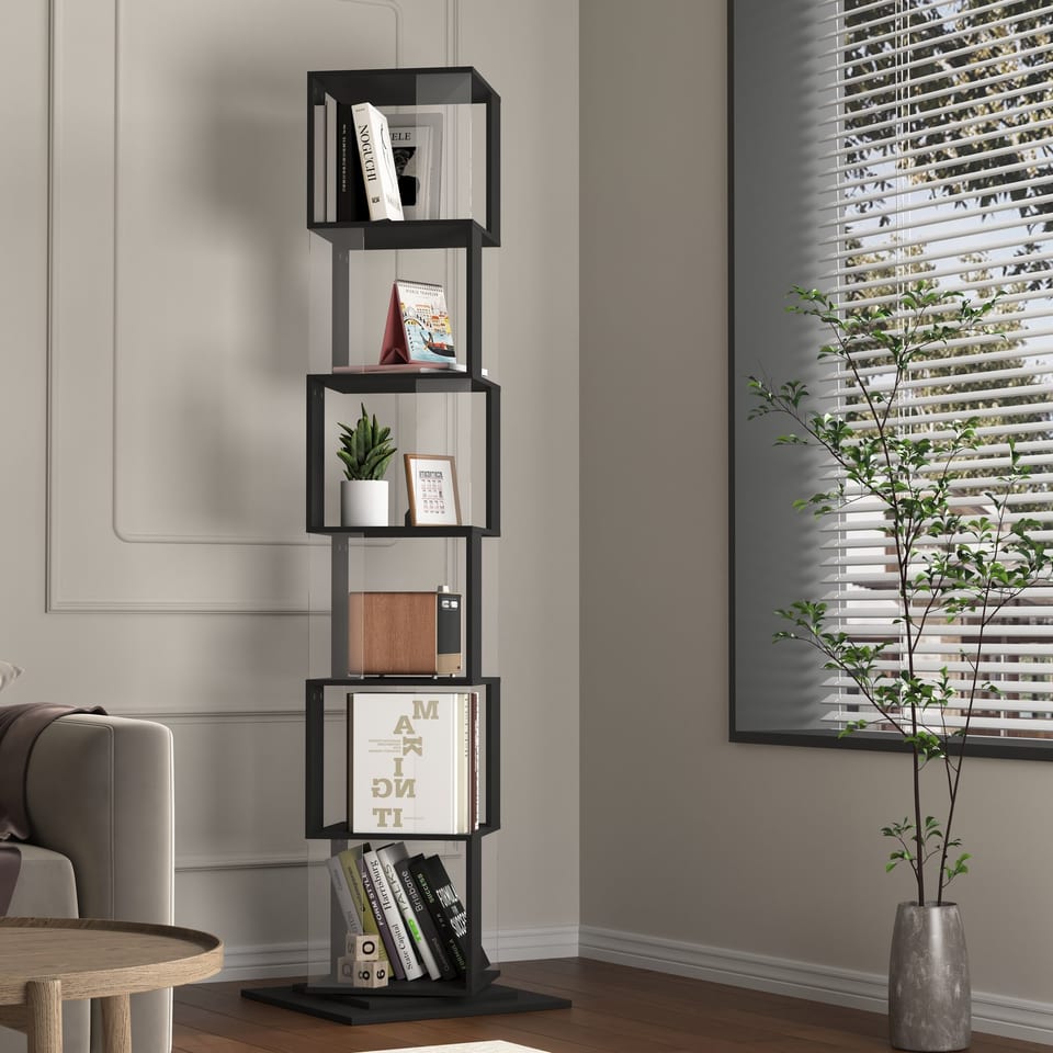 360 Rotating Bookshelf With Acrylic Plate, 6-Tier Tall, Floor Rack Simple, product photo