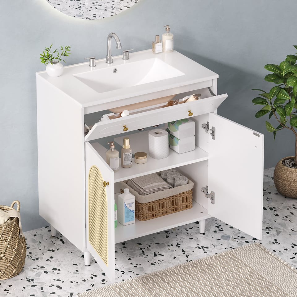 30 Bathroom Vanity With Ceramic Sink, Solid Wood Frame Bathroom Sink Cabinet, product photo