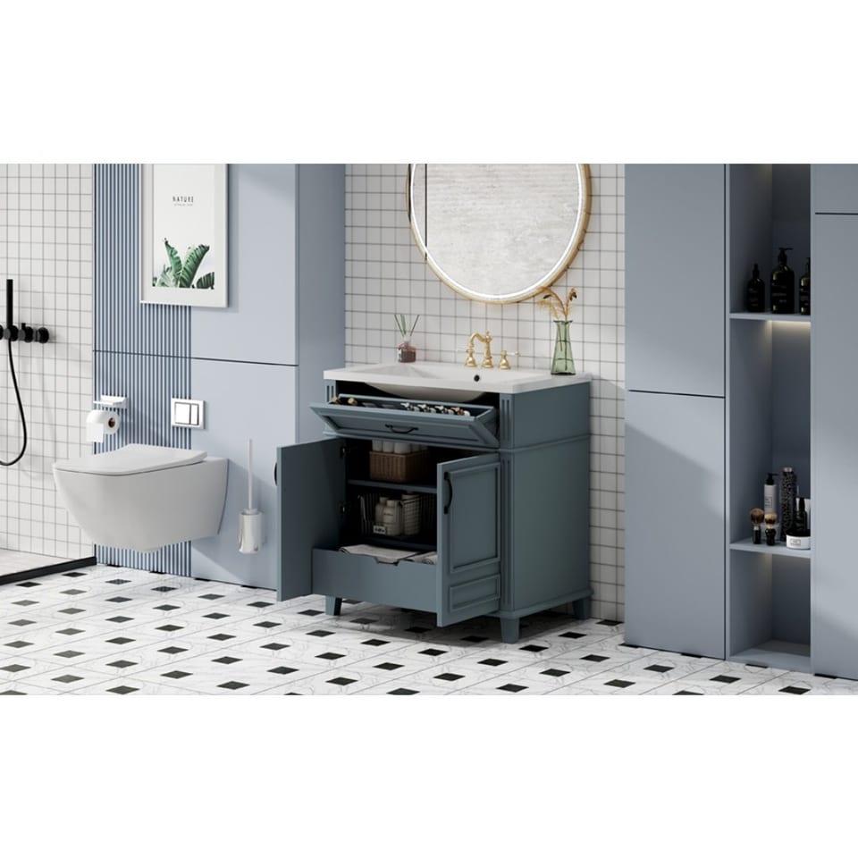 30'' Bathroom Vanity With Ceramic Sink,Solid Wood Frame Bathroom Storage, product photo