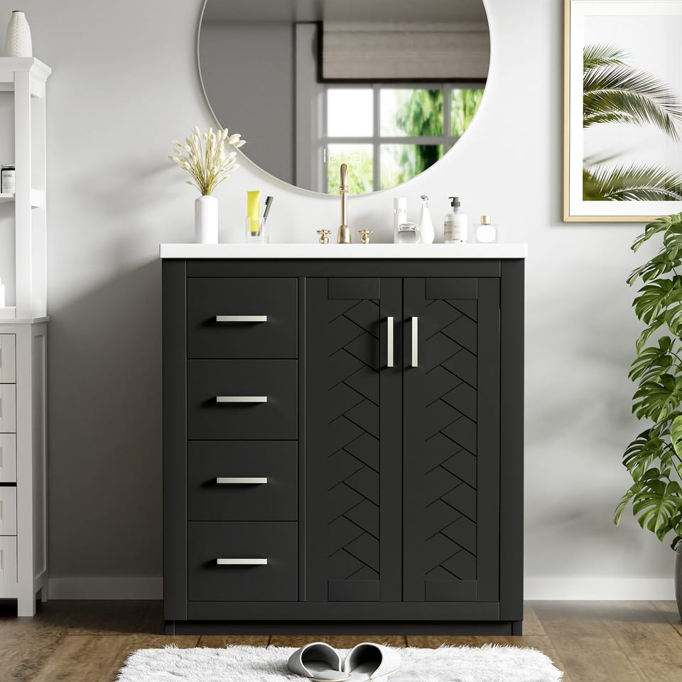 30'' Bathroom Vanity With Ceramic Sink Combo,Solid Wood Frame Bathroom Storage, product photo
