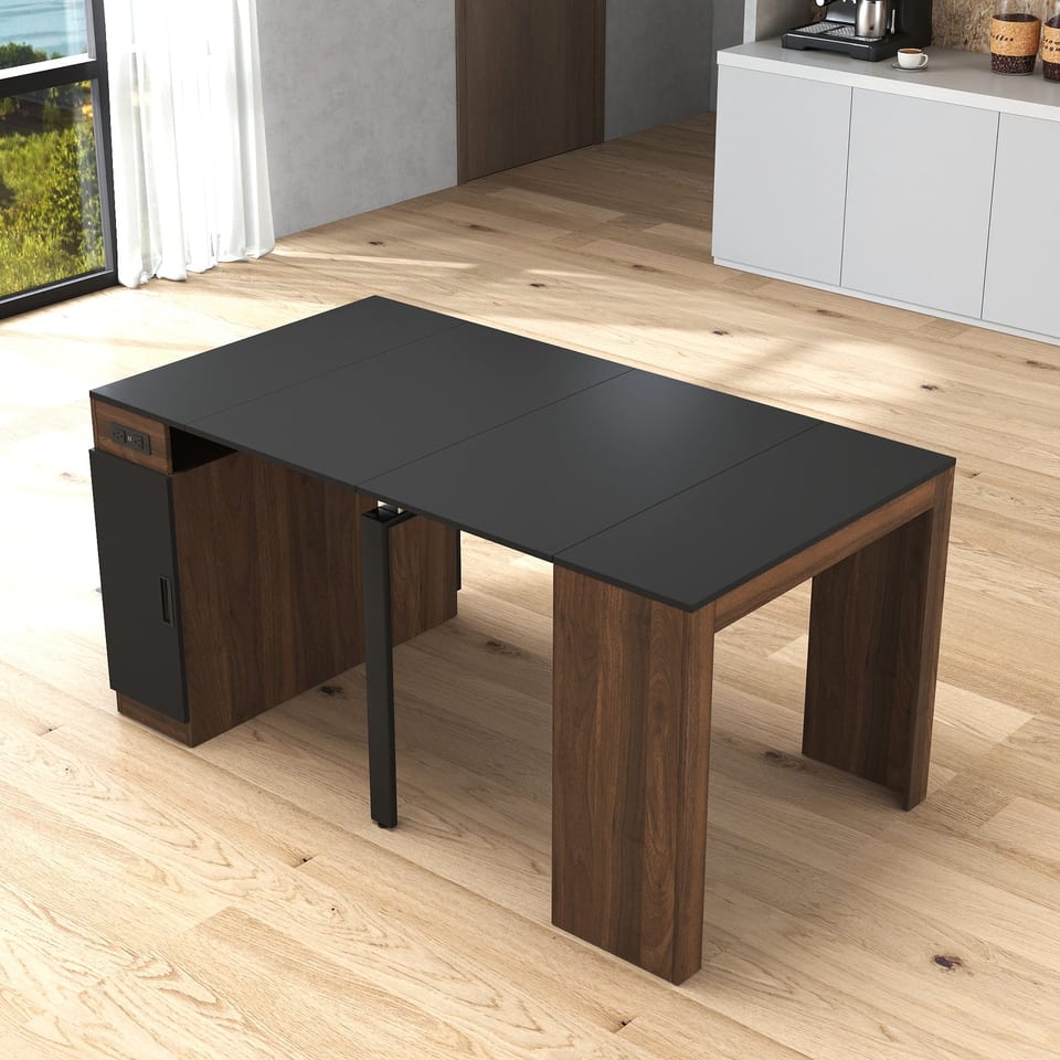 Modern Multifunctional Extendable Dining Table With Outlet, Space Saving, product photo