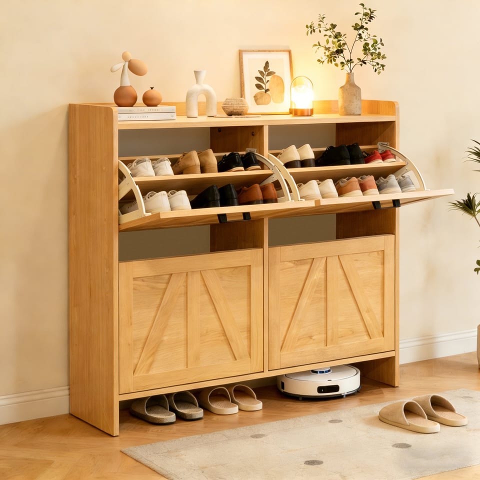 Light Oak Rustic Barn-Door Shoe Cabinet With 4 Flip Drawers, Sleek Space-Saving, product photo