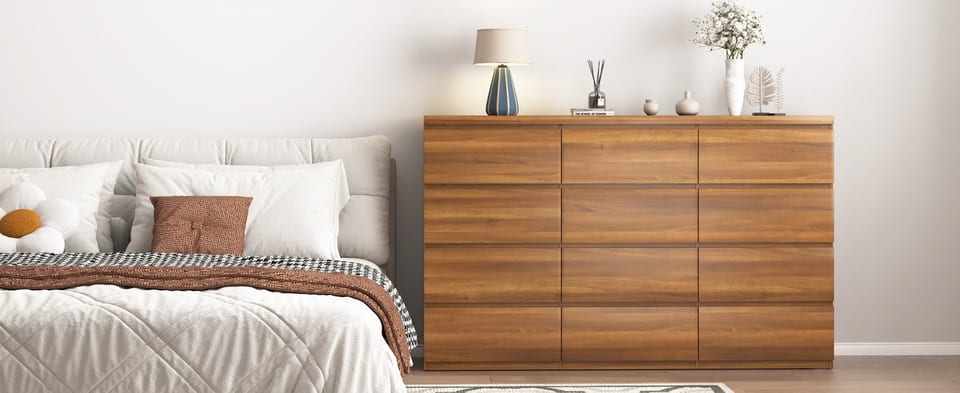 12 Drawers Double Dresser, Modern Wood Dresser Chest Of Drawers With Large, product photo