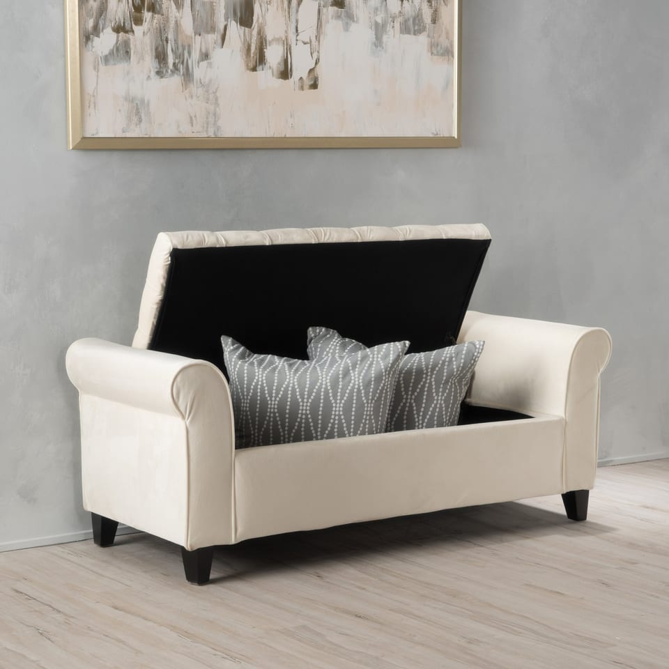 Lvory Fabric Storage Bench With Rolled Arms, 38 Seat Width, Black Legs, Button, product photo