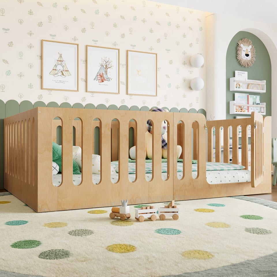 Full Size Floor Bed With High Fence For Kids, Solid Wood Kids Montessori Bed, product photo
