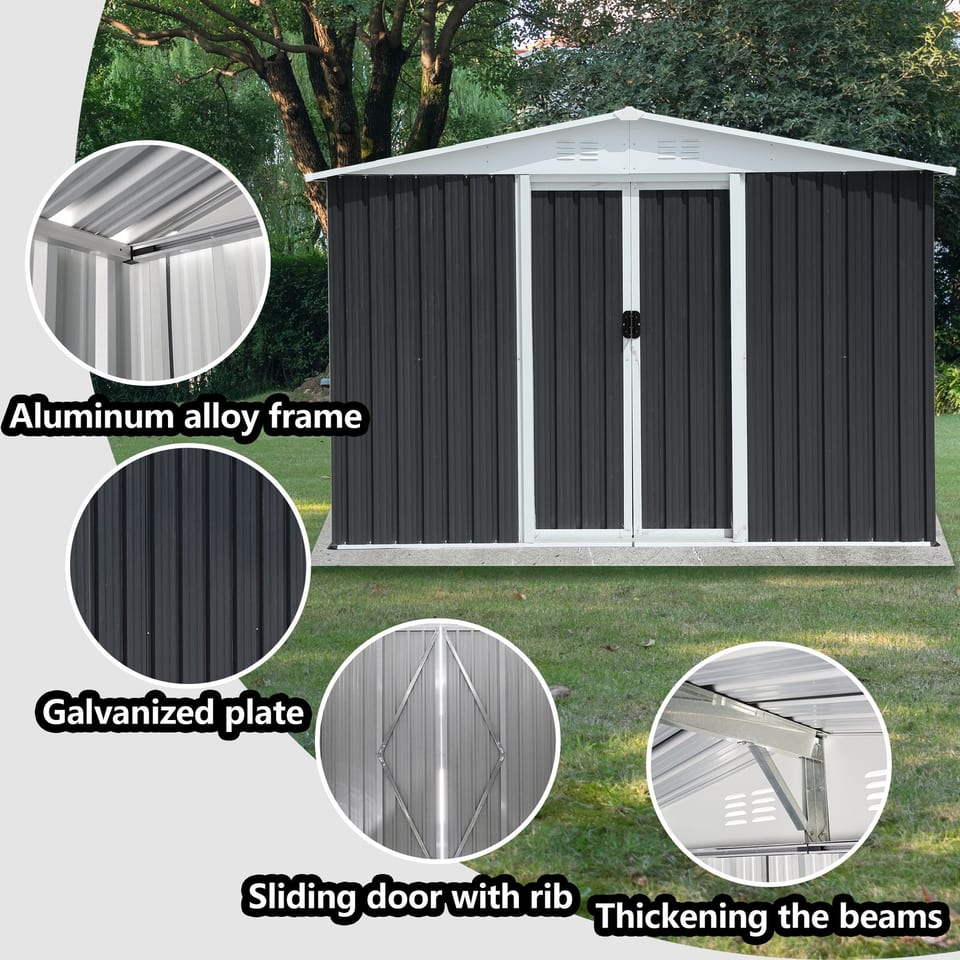 8x6 Feet Roof Dark Grey Aluminum Alloy Frame Garden Shed With Sliding Door, product photo