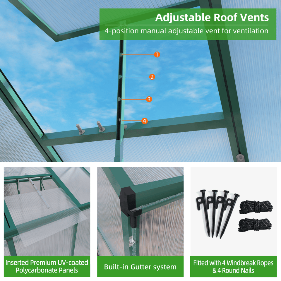 Newly Marketed Gain Height Windproofaluminum Greenhouse 6x10 FT Polycarbonate, product photo