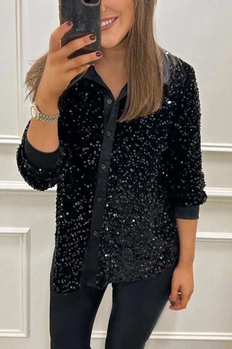 Women's Solid Color Lapel Long Sleeve Button Sequined Shirt, product photo