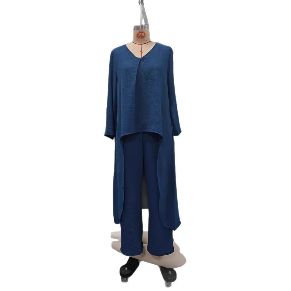 2pcs Long-sleeved Suits Loose V-neck Long Top And High Waist Wide Leg Pants, product photo