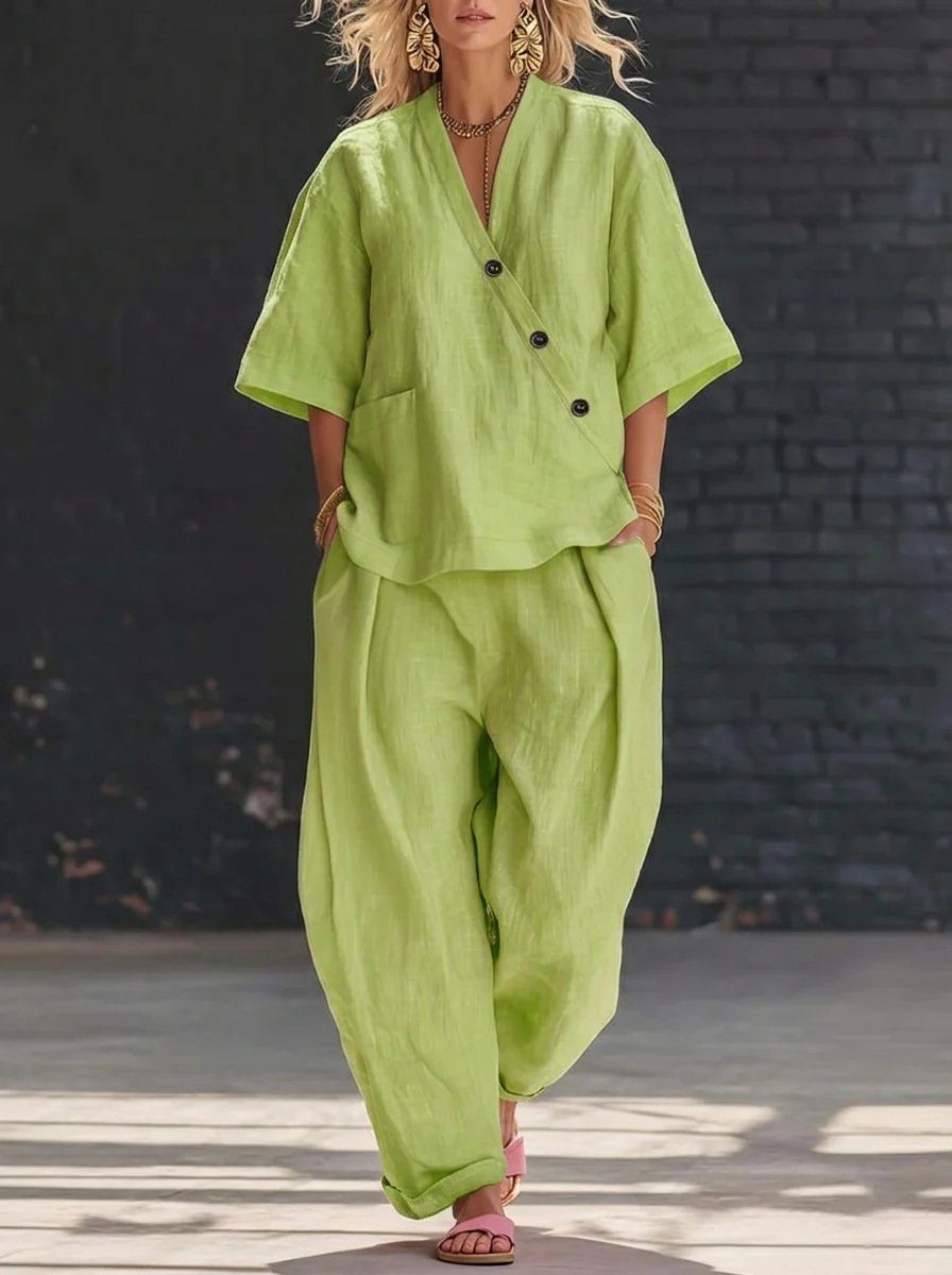 Summer Short-sleeved Suits Loose-fit V-neck Top And High-waist Trousers Women's, product photo