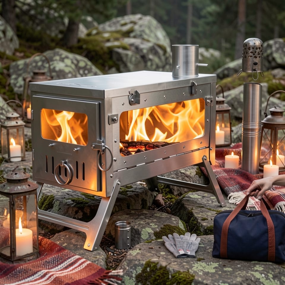 [Ship From USA] Foldable Titanium 38.5cm Large Size Tent Stove with Side Glass