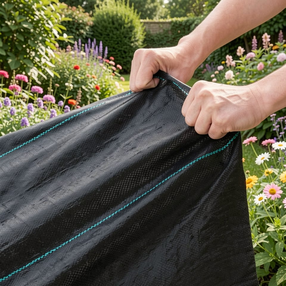 A roll of black landscape fabric with dimensions labeled.