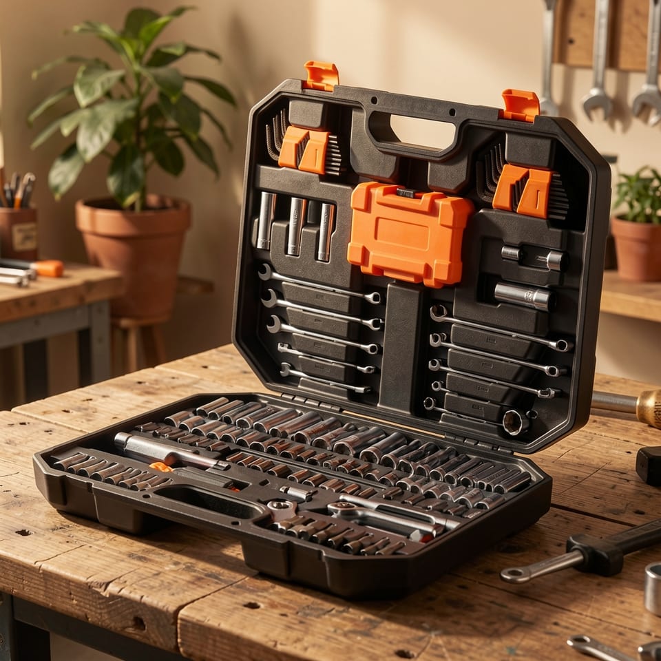 145-piece mechanic tool kit with black case open